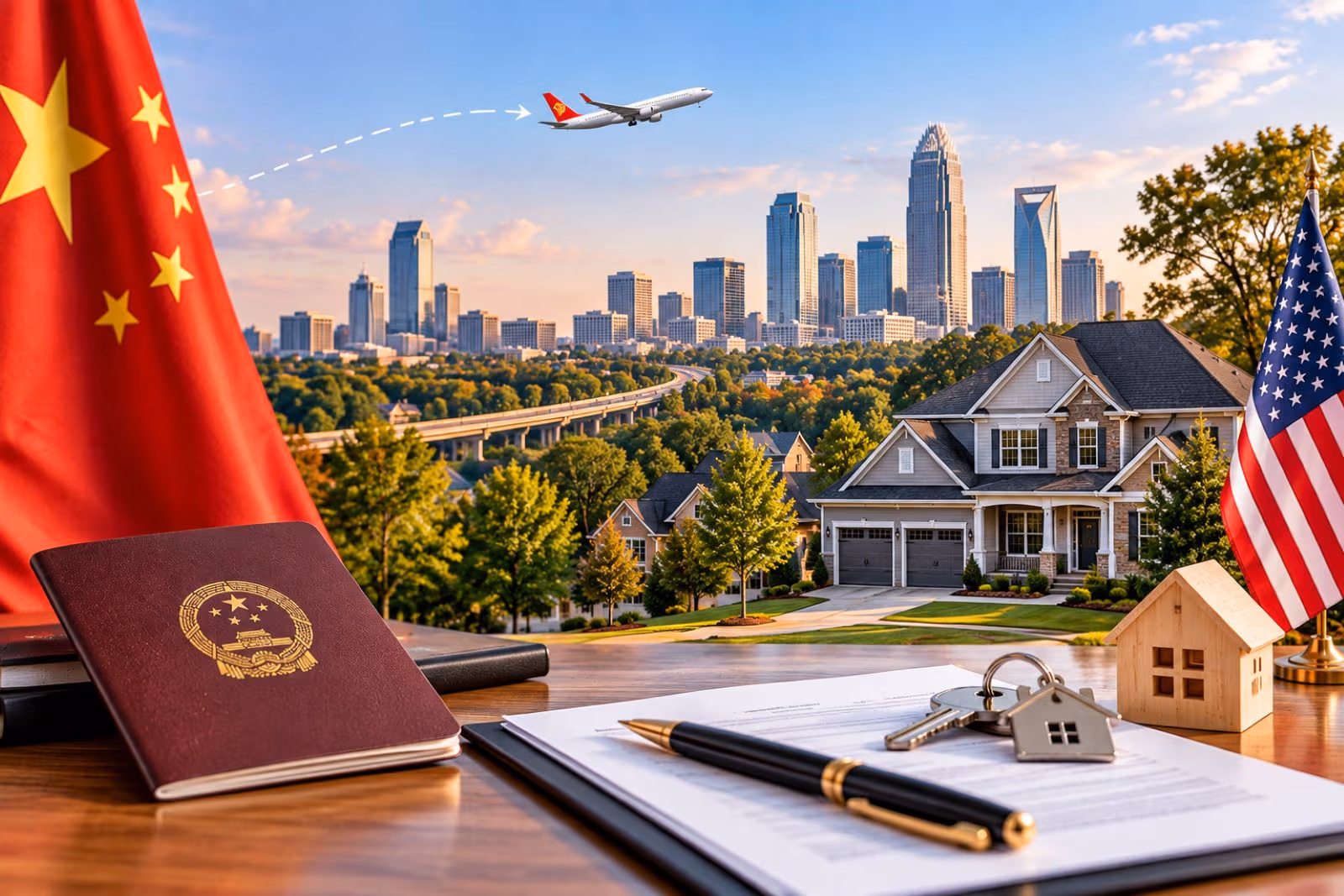 Chinese buyer reviewing a North Carolina property purchase with a passport, house keys, and U.S. flag | Buy Property in North Carolina