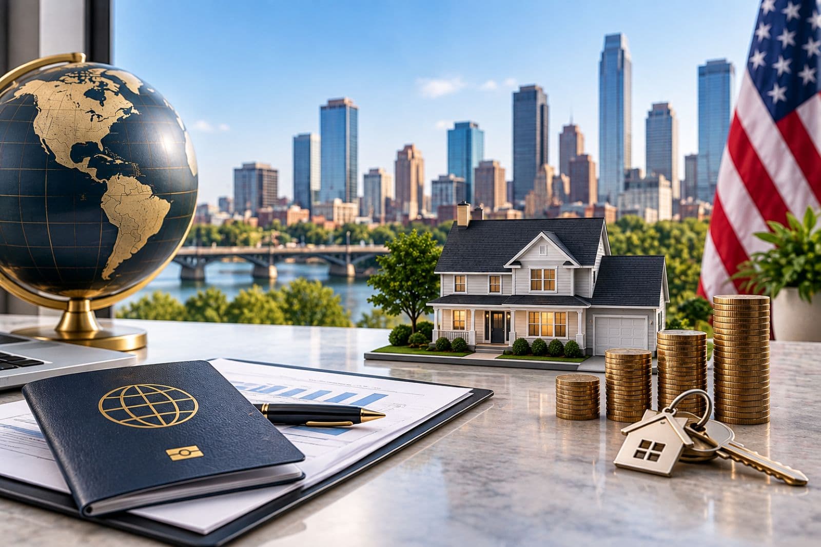 U.S. real estate investing for non-residents with a passport, globe, property, financial documents, and investment coins.