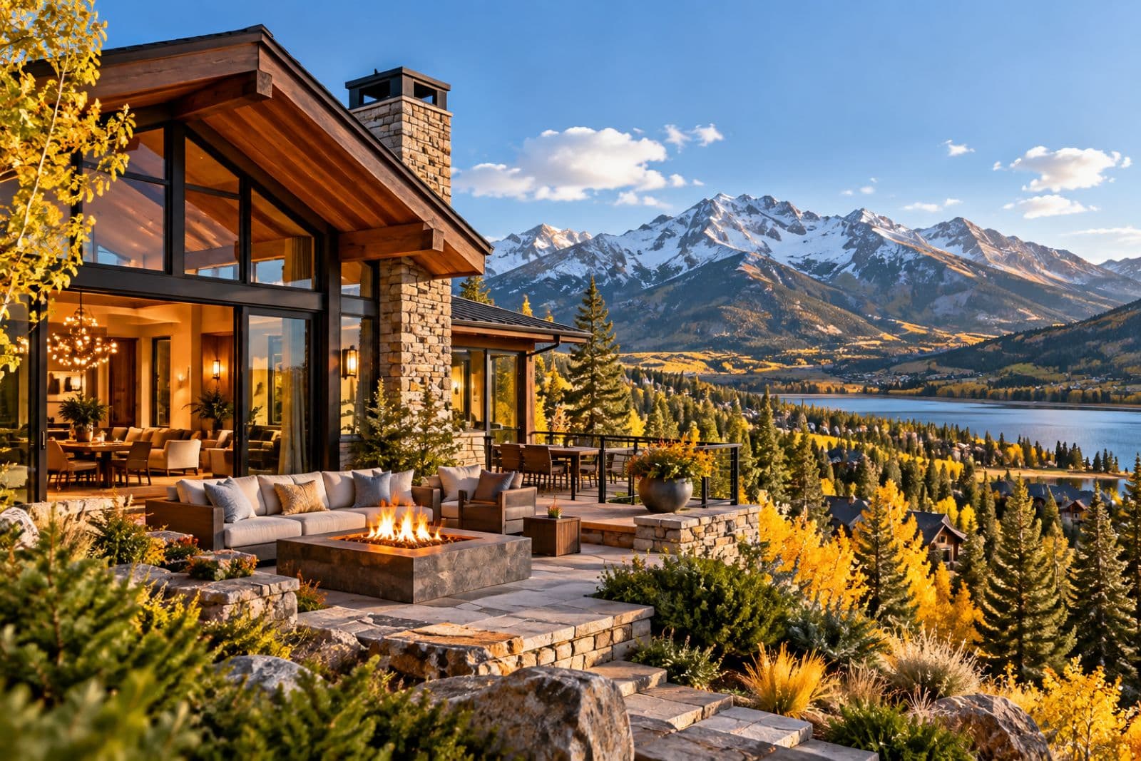 Luxury Colorado vacation home overlooking snow-capped mountains and a scenic lake.