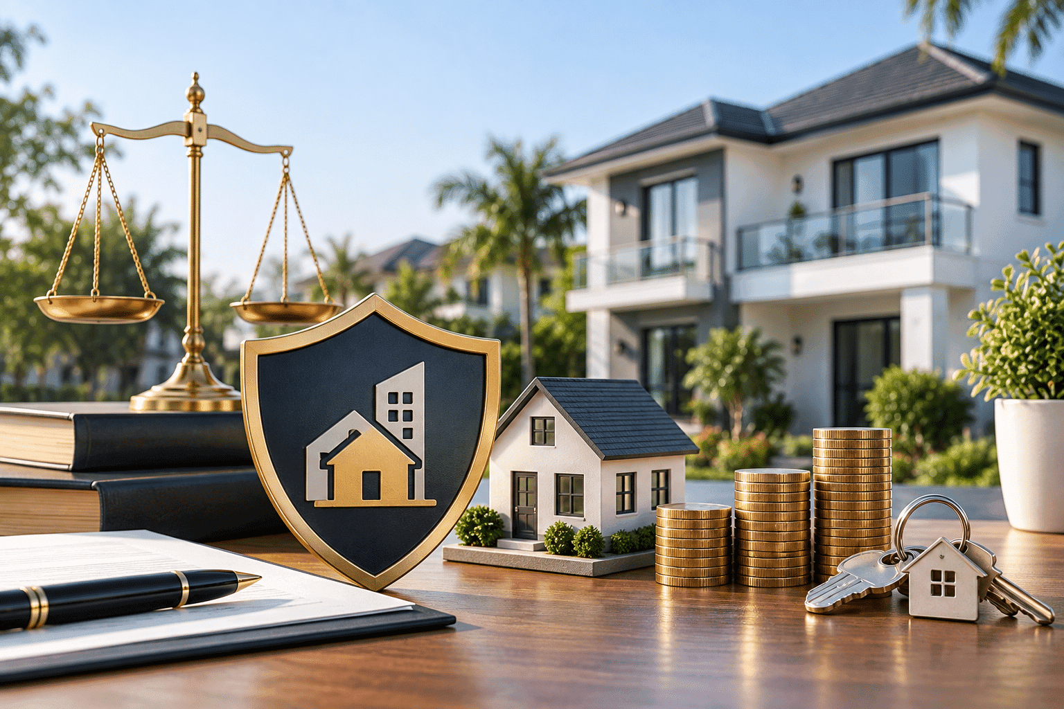 U.S. rental property investment through an LLC, represented by a house, protective shield, legal scales, keys, and stacked coins.