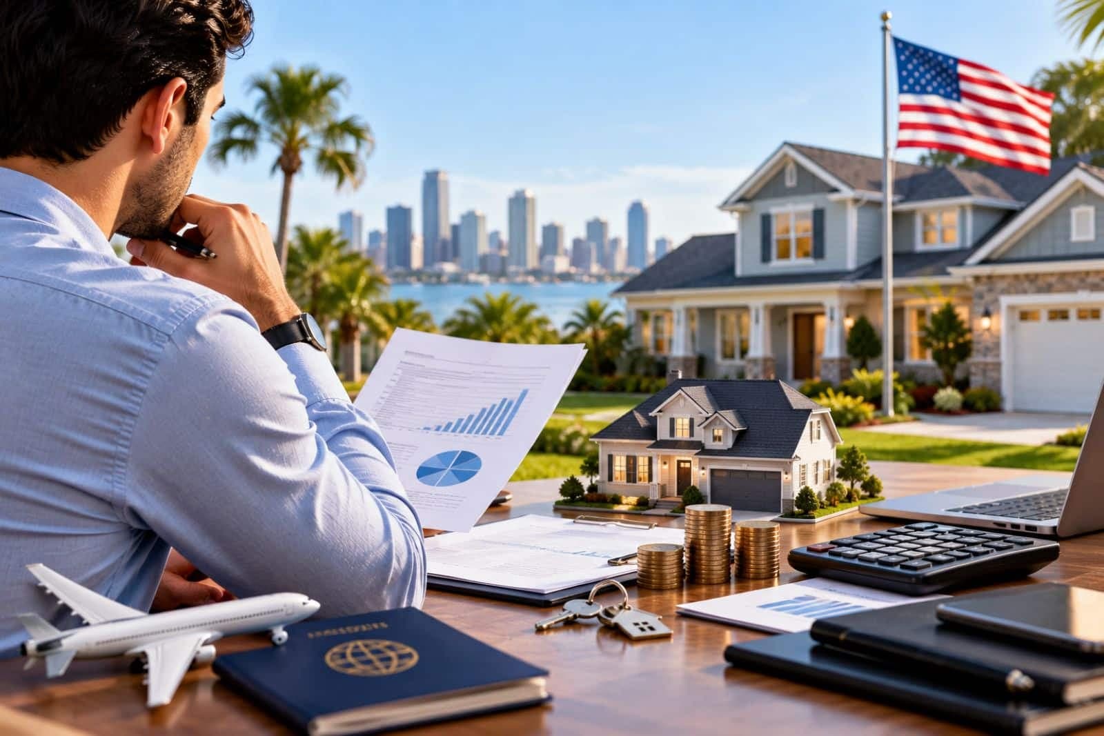 U.S. expat reviewing interest-only mortgage documents while planning to purchase an American home.