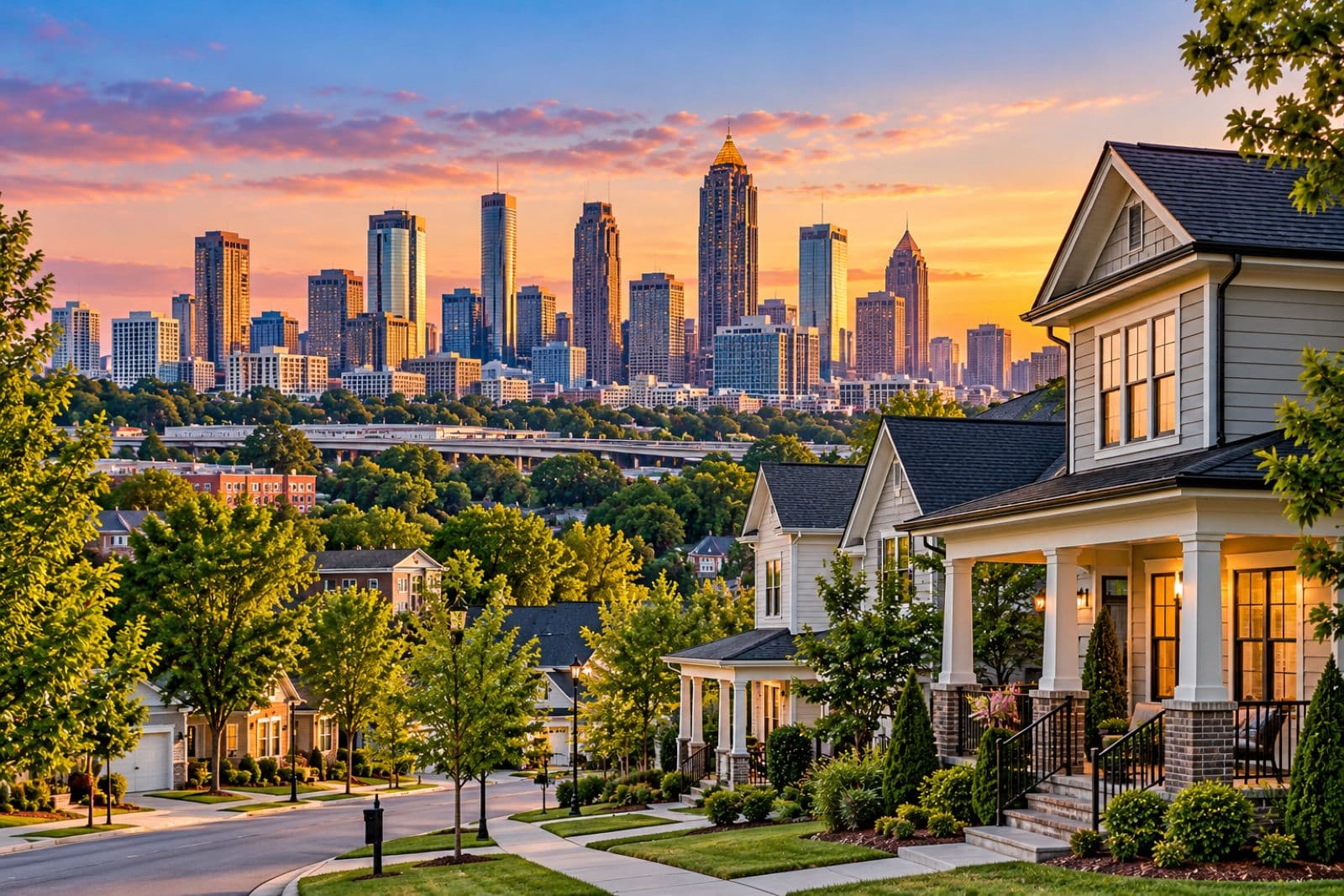 Georgia rental property investment featuring suburban homes and the Atlanta skyline at sunset.