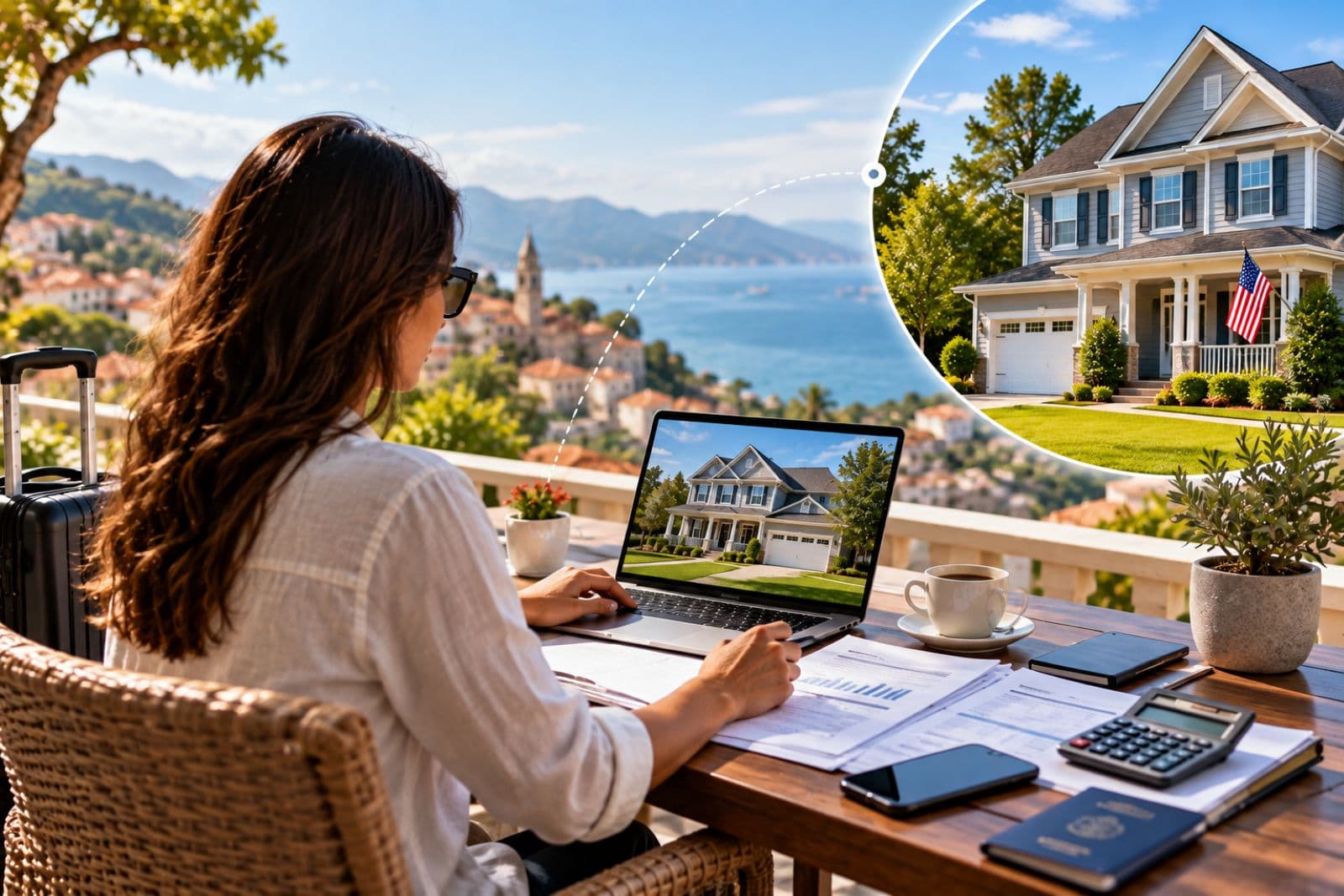 US expat refinancing a home while living abroad with mortgage documents and a US property on a laptop.