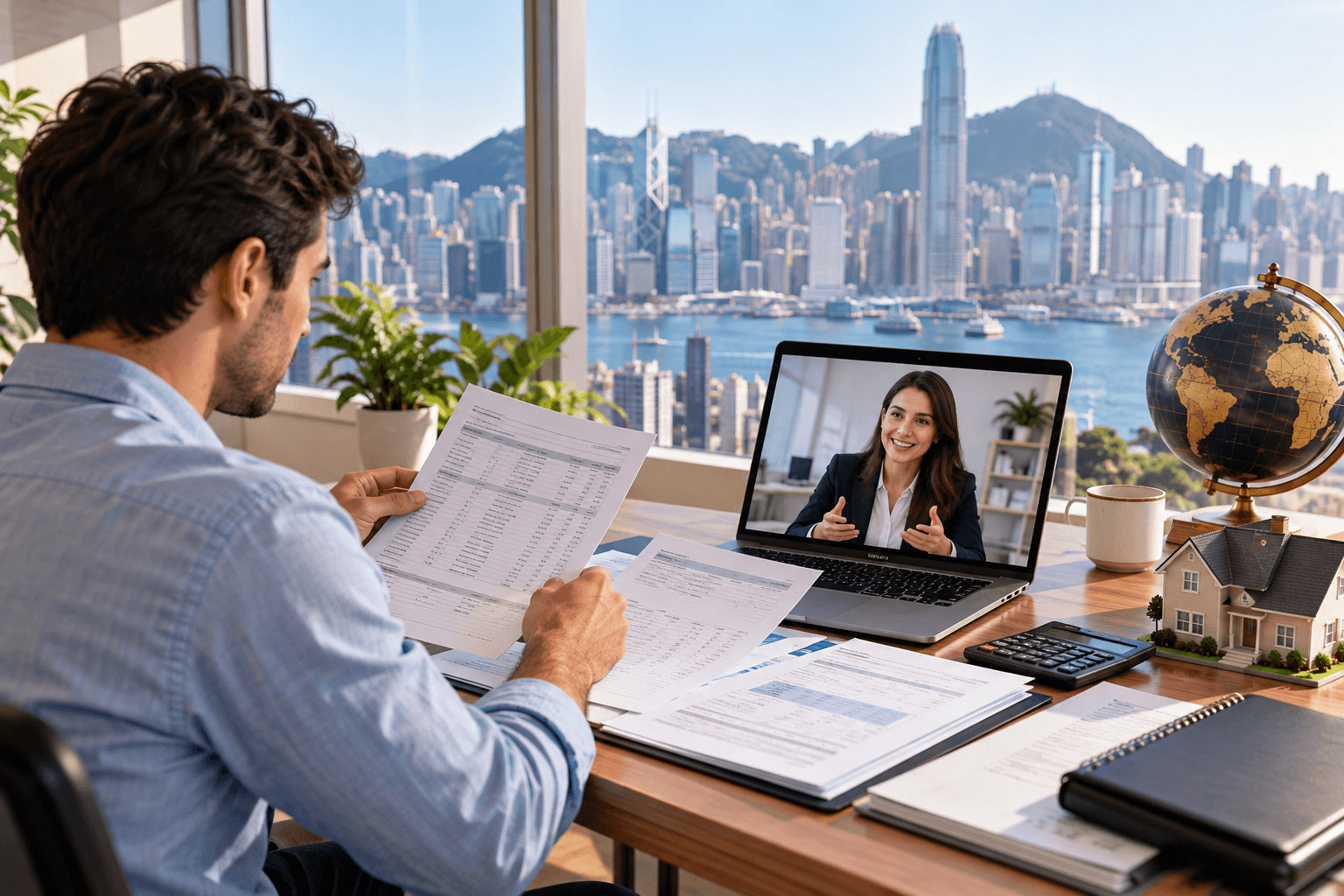 US expat mortgage lender discussing foreign income documentation with an overseas borrower reviewing financial statements during an online consultation.